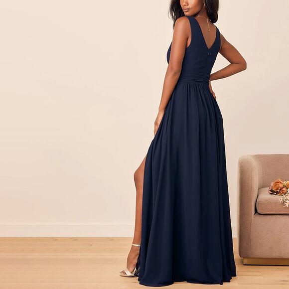 LuLu's Thoughts Of Hue Navy Blue Surplice Chiffon Maxi Bridesmaid Dress Gown XL - Picture 2 of 12